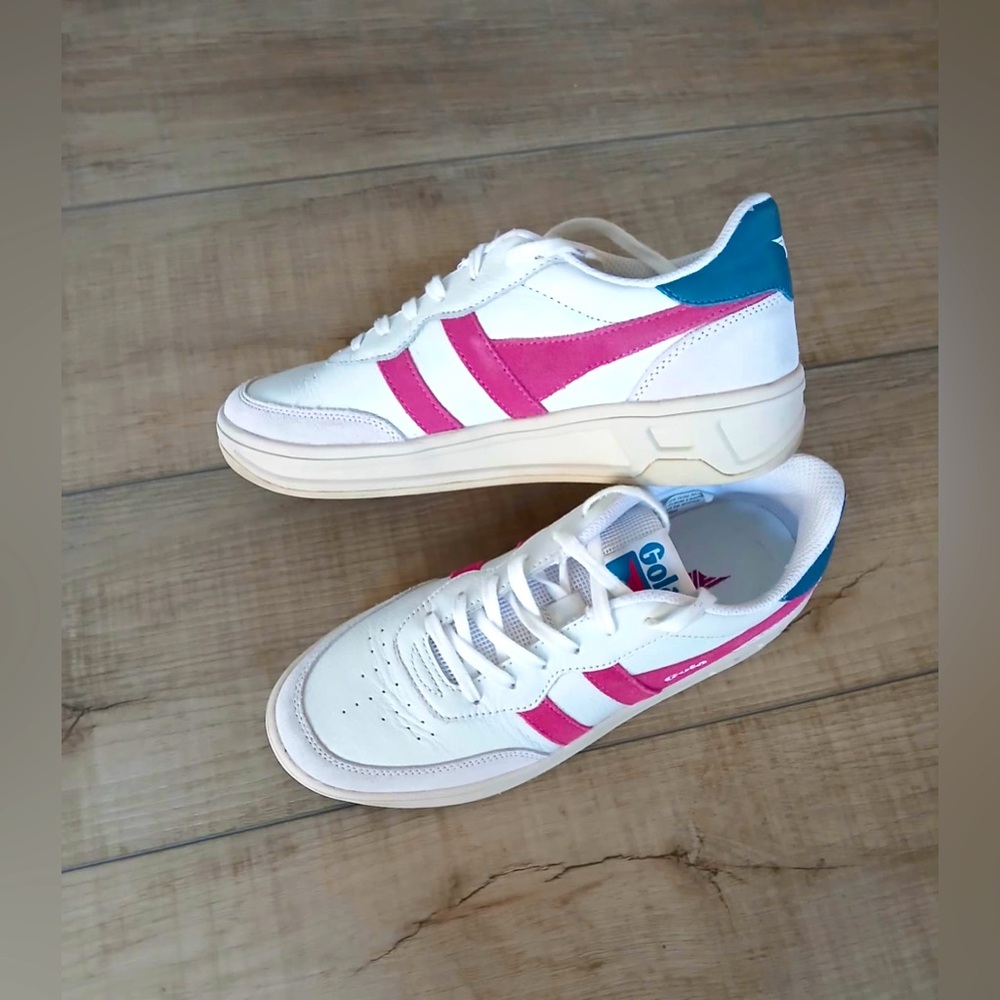 Gola Women's White Sneakers with Pink Stripes and Teal Heel